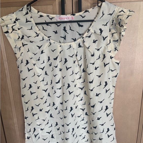 Allegra K Cream Blouse with Black Bird Pattern - Picture 1 of 2